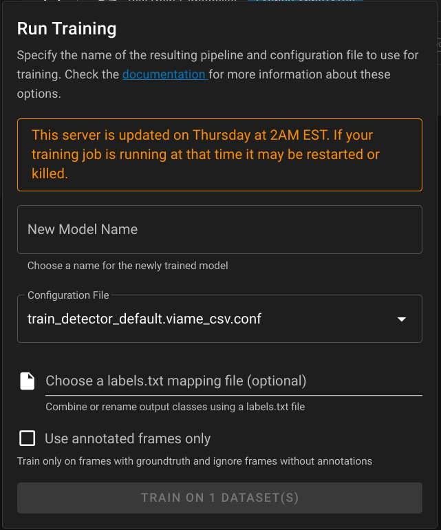 Training options dialog